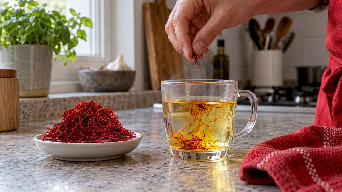 Safranfäden neben frisch zubereitetem Safrantee