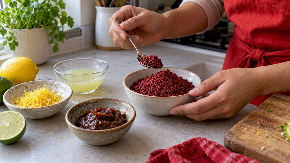 Sumach zusammen mit Zitronenabrieb, Limettensaft und Tamarindenpaste